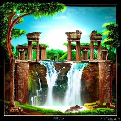 Image similar to Ancient ruins and waterfalls, retrowave art, trending on art station
