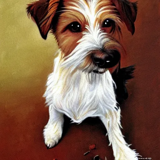 Prompt: a high quality painting of a very cute scruffy wire haired jack russell terrier puppy, white with chocolate brown spots, brown patches over both eyes. friendly, curious expression. painting by norman rockwell