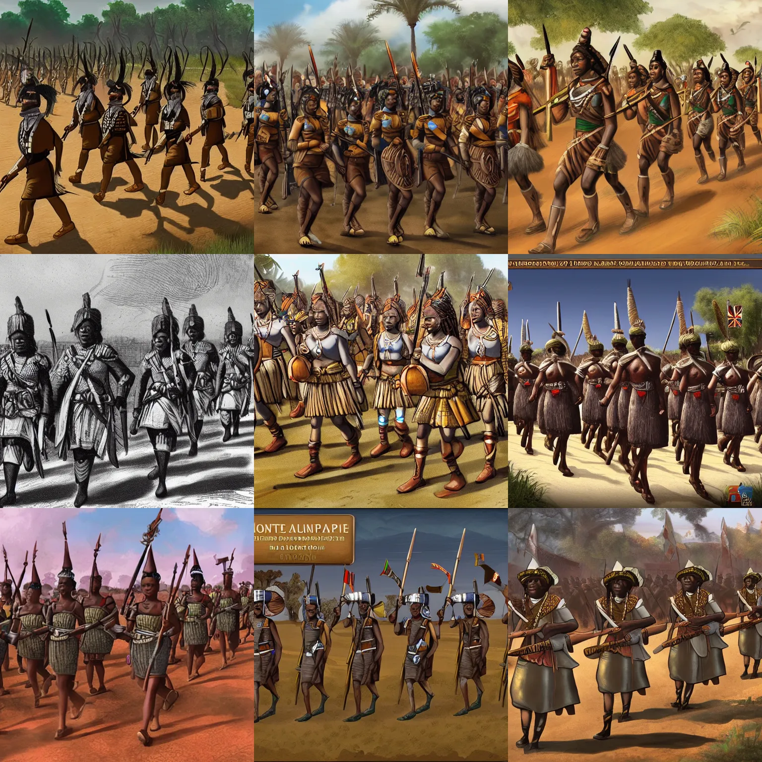 Prompt: Female Dahomey Amazon soldiers march into London, alternate history, loading screen art for the game 'Europa Universalis 4'