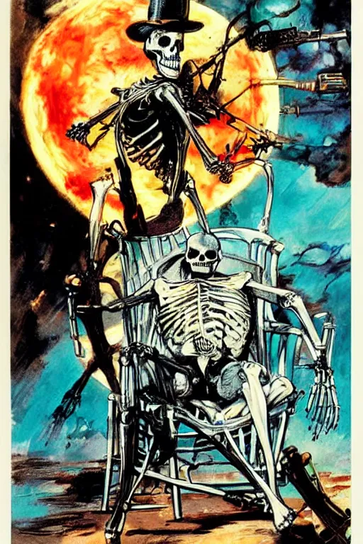 Image similar to Poster art of a Skeleton sitting in a chair sunbathing, with a nuke exploding in the background by Neal Adams