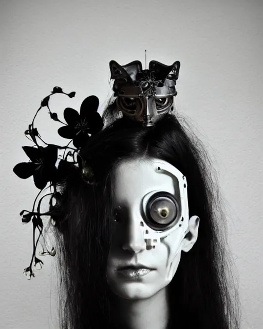 Prompt: black and white dreamy foggy profile face portrait, one steampunk cat eye biomechanical beautiful young female cyclope - cyborg - robot bust, body ribs meshes,, volumetric light, hibiscus flowers, by hg giger, rim light, by dora maar and cecile beaton, big gothic fashion pearl embroidered collar, 8 k