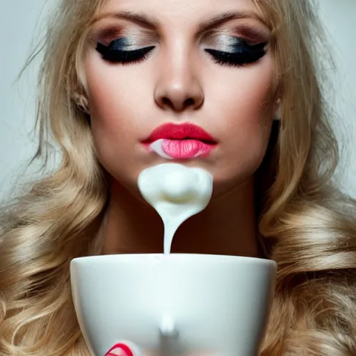 Prompt: blonde model with eyeliner and an open mouth and closed eyes pouring milk on her face