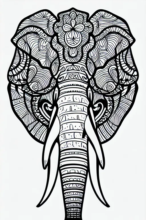 Prompt: elephant ornaments fractal ink drawing line art colouring page vector margins, fine lines