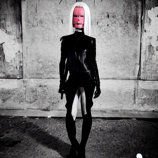 Image similar to fashion photography of a model with a manga head, wearing demobaza fashion, inside berghain, berlin fashion,, futuristic fashion, dark minimal outfit, photo 3 5 mm leica, hyperdetail, berghain, 8 k, very detailed, photo by nick knight