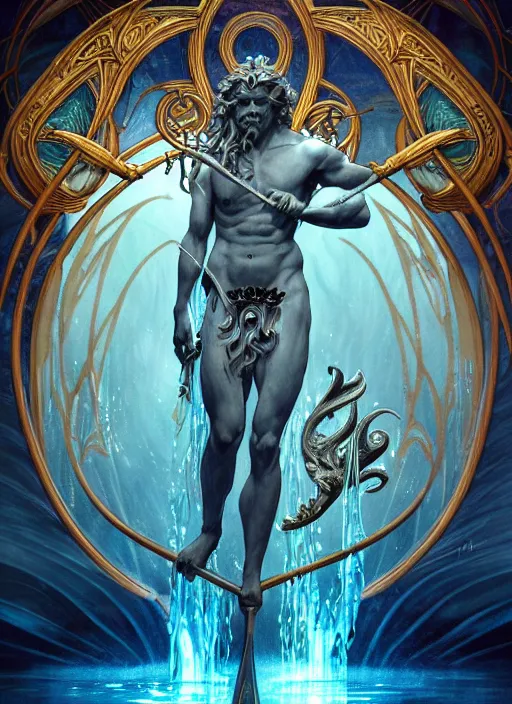 Image similar to the god poseidon with trident, glowing eyes, volumetric lights, blue and cyan scheme, art nouveau botanicals, gothic, intricate, highly detailed, digital painting, artstation, concept art, smooth, sharp focus, symmetric face, illustration, art by artgerm and greg rutkowski and alphonse mucha