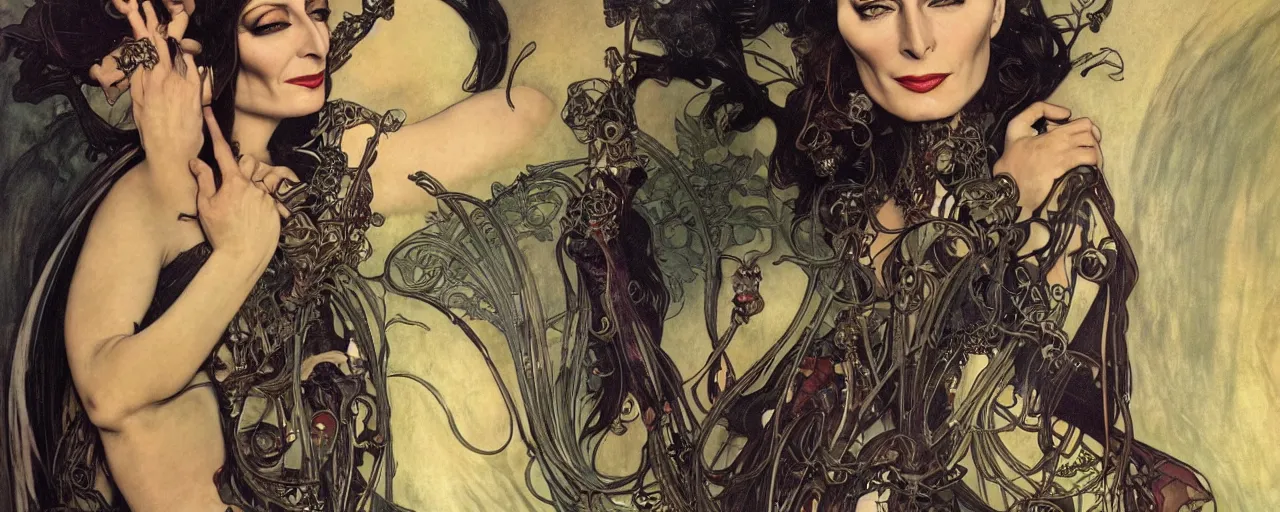 Image similar to stunning exotic art nouveau portrait of anjelica huston as an industrial dieselpunk queen of the night by glenn fabry, simon bisley and alphonse mucha, photorealism, extremely hyperdetailed, perfect symmetrical facial features, perfect anatomy, ornate declotage, spikes, latex, confident expression, wry smile, sinister eyes