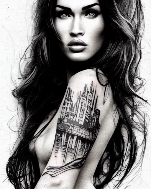 Image similar to tattoo sketch of megan fox face mash up with beautiful mountains, in the style of dan mountford, double exposure, hyper realistic, amazing detail, black and white