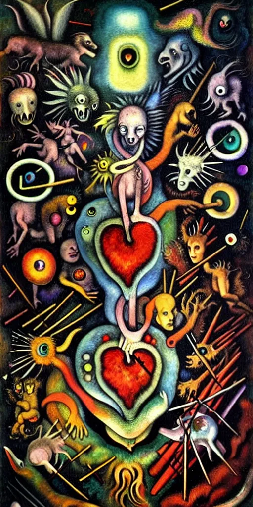 Image similar to mythical creatures and monsters in the visceral anatomical human heart imaginal realm of the collective unconscious, in a dark surreal mixed media oil painting by bosch and kandinsky, dramatic lighting from inner fire