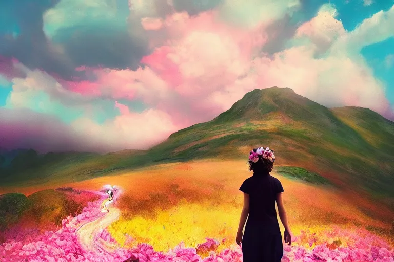 Image similar to giant dahlia flower crown head on girl walking on mountain, surreal photography, pink storm clouds, dramatic light, impressionist painting, digital painting, artstation, simon stalenhag