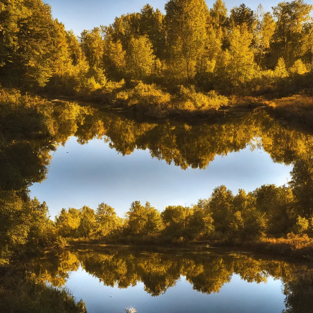 Image similar to river in a forest, golden hour, ray tracing reflection, 8 k, hyper realistic, insainly detailed, hdr, octan render