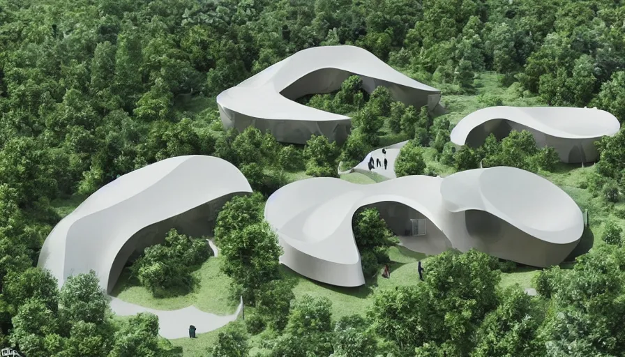 Prompt: A unique innovative and creative eco community of small affordable and contemporary creative cabins in a lush green forest with soft rounded corners and angles, 3D printed line texture, made of cement, connected by sidewalks, public space, and a park, Design and style by Zaha Hadid, Wes Anderson and Gucci