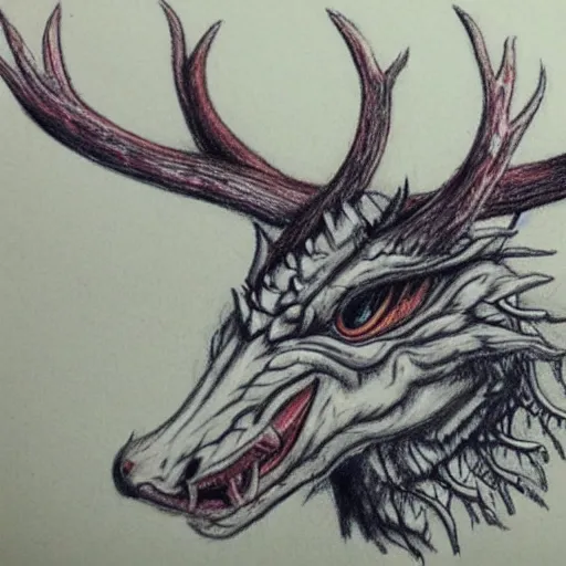 Prompt: snake with elk antlers white dragon mane wolf ears very detailed color pencil sketch realistic