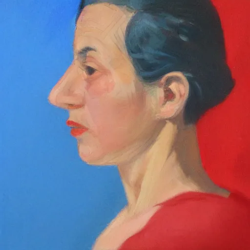 Prompt: profile portrait in peruvian realist style ( 1 9 5 4 ), old, cerulean blue, cadmium red, zinc white, overhead lighting, detailed, expressive, shadows