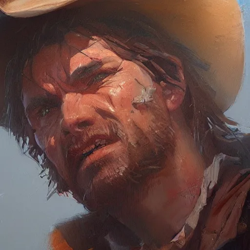 Prompt: a closeup painting of a cowboy saying saying no and making a disgusted face, by greg rutkowski, trending on artstation