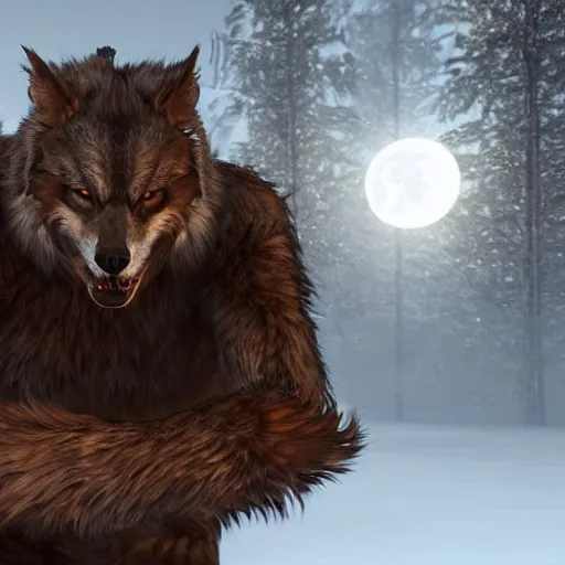 Prompt: man transforming into a werewolf, full body, hyper realistic, 8 k, unreal engine, realistic brown fur, full moon background, ray tracing