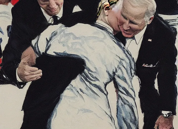 Prompt: Vladimir Putin passionately kisses Joe Biden, political art, The Kiss, by Dmitri Vrubel