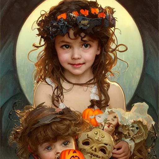 Image similar to a cute happy little girl with light brown wavy curly hair and blue eyes sitting amidst piles of halloween decorations. beautiful cute highly detailed face. halloween themed painting by artgerm and greg rutkowski and alphonse mucha.
