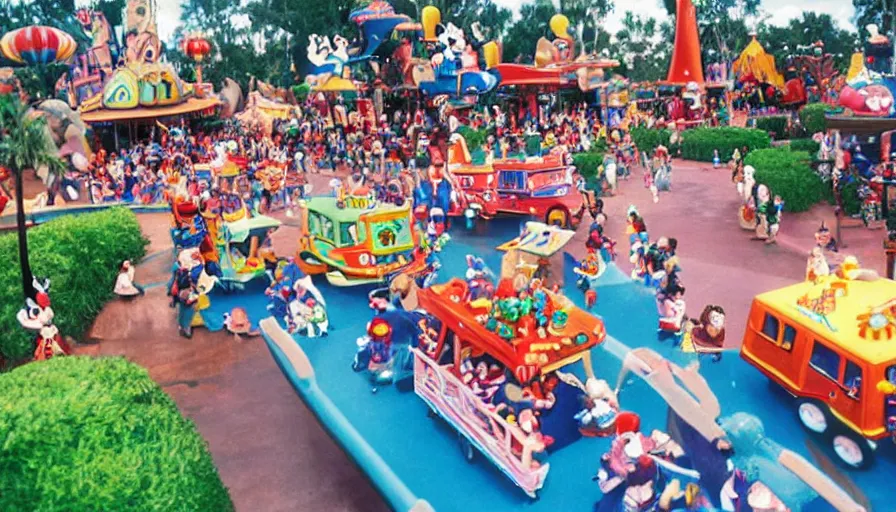 Image similar to 1990s photo of inside the Magic Cats Silly Hat Town ride at Disney World in Orlando, Florida, children riding on tiny ice cream trucks through a Gnome village , slime mice, Bears, business men, cinematic, UHD