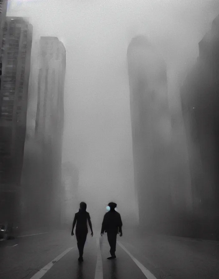 Image similar to very low - resolution found footage of a couple escaping in the city from a starfish kaiju monster, fog, foggy, korean film noir, monochrome, red hue, thriller, underdeveloped, epic, dramatic