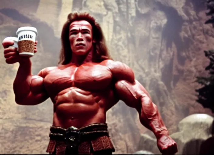 Image similar to film still of arnold schwarzenegger dressed as conan, holding coffee in starbucks, focus on faces, cinematic lighting, unreal engine, steve mccurry, volumetric lighting....