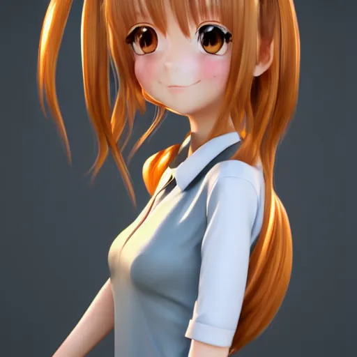 Image similar to Render of a very beautiful 3d anime girl, long hair, hazel eyes, cute freckles, full round face, school girl, short smile, cute sundress, golden hour, medium shot, mid-shot, highly detailed, trending on Artstation, Unreal Engine 4k