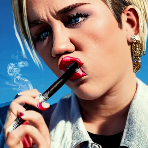 Image similar to Miley Cryus smoking a cigarette, 8k, realistic, extreme details, detailed, sharp, smoke