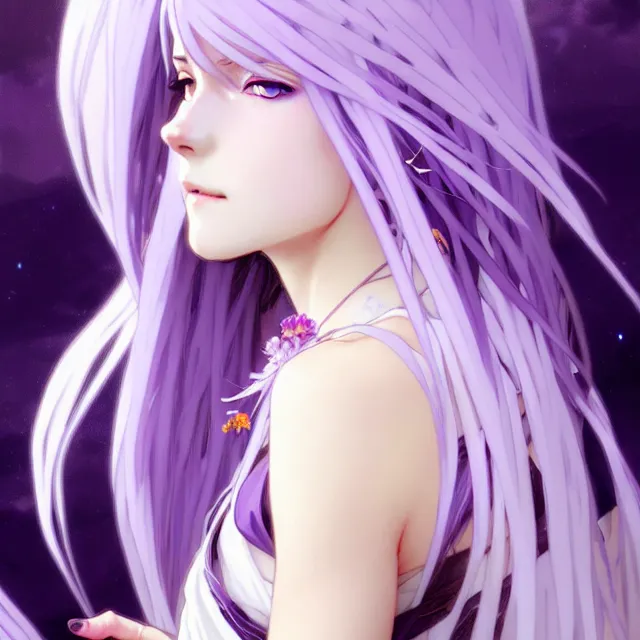 Image similar to anime girl with flowing lavender hair, purple eyes and white dress, black jewellery, profile photo, digital artwork, very beautiful face, pretty smile, extremely detailed art by greg rutkowski and alphonse mucha