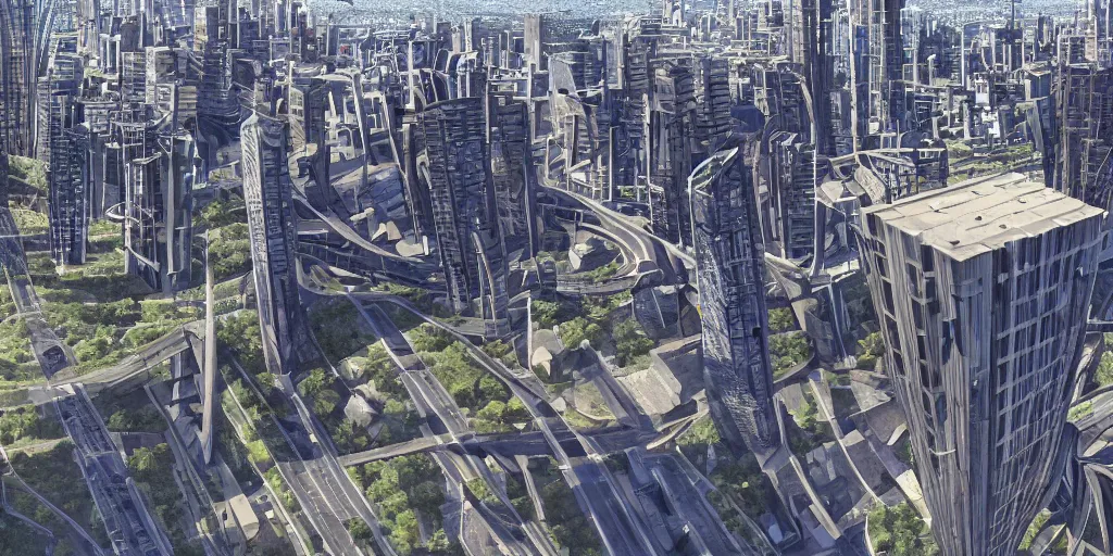 Image similar to drone view of a city with a large highway through, Brutalist architecture,sharp focus,telephoto lens,digital art,Tyler Edlin 4k