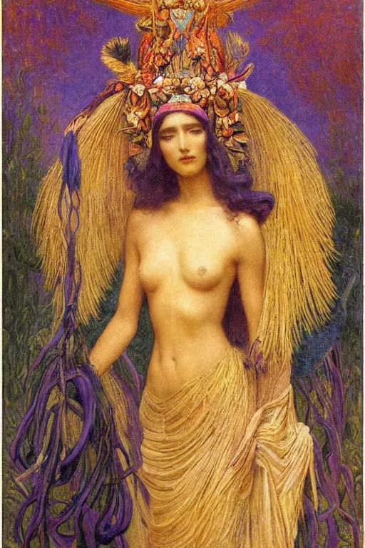 Image similar to queen of spring, by jean delville and Gaston Bussière and Tino Rodriguez and Diego Rivera , elaborate headdress and embroidered velvet, iridescent beetles, rich color, dramatic cinematic lighting, extremely detailed