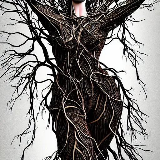 Image similar to digital art, Abstract art, humain female body made of roots, intricate roots, trending on artstation, -640