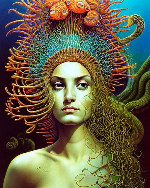 Image similar to realistic detailed underwater portrait of the goddess of the fish of the three times with an intricate headdress of corals, sea kelp, sea plants, fish, jellyfish, art by boris vallejo, ernst haeckel, zdzisław beksinski, gothic, neo - gothic, ornamental,