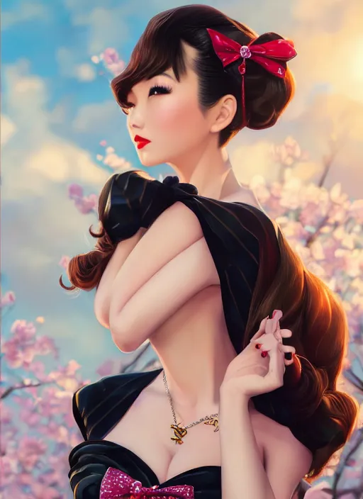 Image similar to a pin up and beautiful fashion dreamlke japan girl with lv jewelry, character art, art by artgerm, wlop, loish, hyperdetailed, 8 k realistic, symmetrical, global illumination, radiant light, frostbite 3 engine, cryengine, dof, trending on artstation, digital art, chanel, dior, detailed background