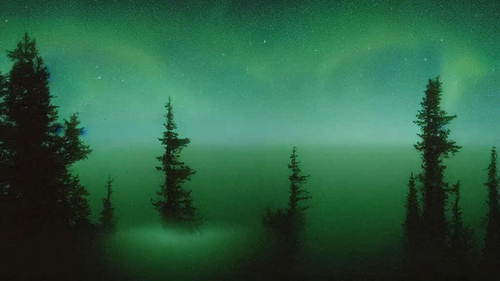 Image similar to night time visionary 8k vintage VHS of a nocturnal brocken spectre in the folded sky, filled with stars, starlight, moonlight, above the mystical green hill and forest, immanence, awe sublime, volumetric lighting