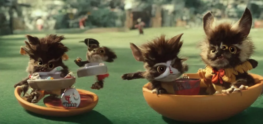 Prompt: mogwai gizmo and rufio skateboarding inside a cereal bowl, movie still, 8 k, hd, from the new honey i shrunk the kids movie