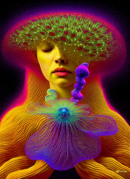 Prompt: hyper detailed 3d render like a Oil painting - Aurora (Singer) seen Eating of the Strangling network of yellowcake aerochrome and milky Fruit and Her delicate Hands hold of gossamer polyp blossoms bring iridescent fungal flowers whose spores black out the foolish stars by Jacek Yerka, Mariusz Lewandowski, Houdini algorithmic generative render, Abstract brush strokes, Masterpiece, Edward Hopper and James Gilleard, Zdzislaw Beksinski, Mark Ryden, Wolfgang Lettl, hints of Yayoi Kasuma, octane render, 8k