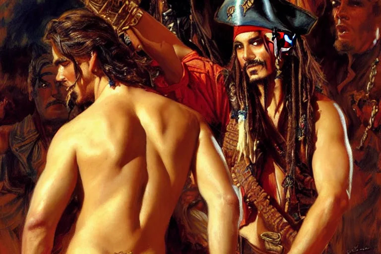 Prompt: attractive male, pirates of the caribbean, painting by gaston bussiere, craig mullins, j. c. leyendecker, tom of finland