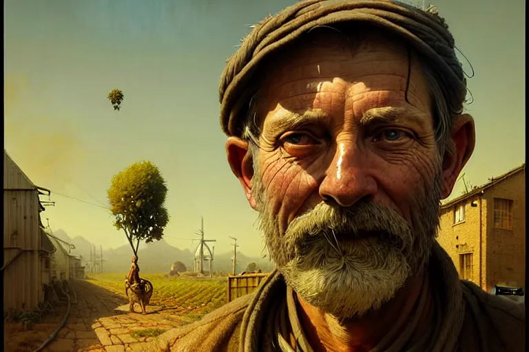 Image similar to A solarpunk very highly detailed farmer with very highly detailed face on the street of a very highly detailed smooth solarpunk city digital rational painting art by Greg Rutkowski, sci-fi highly detailed, digital concept art, Dimensional cyan gold natural light, sharp focus, Golden Ratio illustration, realistic concept art by Stephen Hickman and James Gurney and Hiromasa Ogura Ghost in the Shell rendered in Octane Render, From the distance