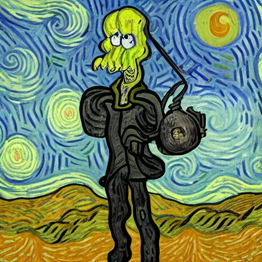 Prompt: squidward as a dark souls boss by Vincent van Gogh