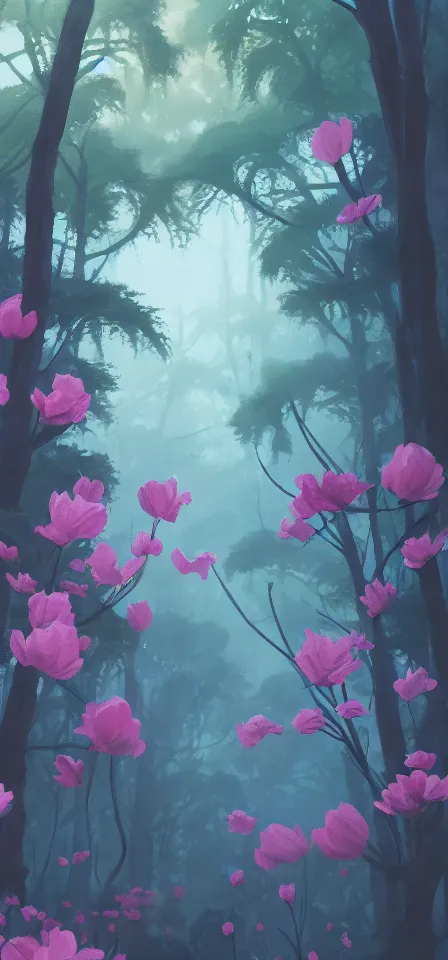 Prompt: smooth flowering forest. gouache painting by the award - winning concept artist, bloom, chiaroscuro, backlighting, depth of field.