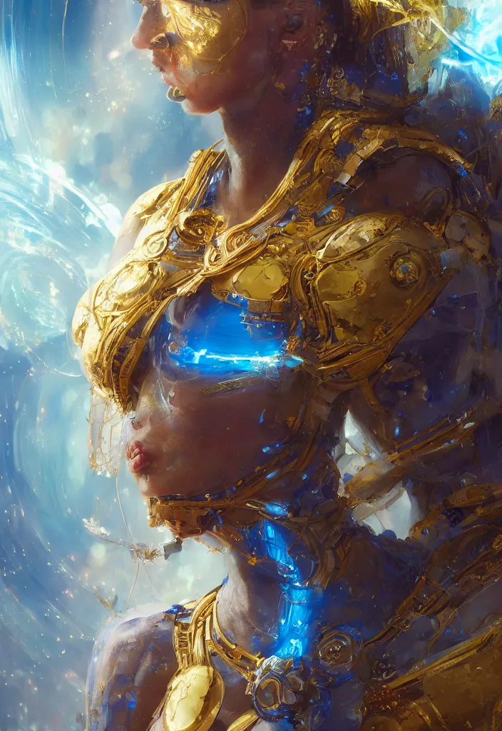 Image similar to the electronexus , goddess with golden skin with blue adornments ,Wadim Kashin, artgerm, XF IQ4, f/1.4, ISO 200, 1/160s, 8K, RAW, featured in artstation, illustrative, elegant, intricate, 8k