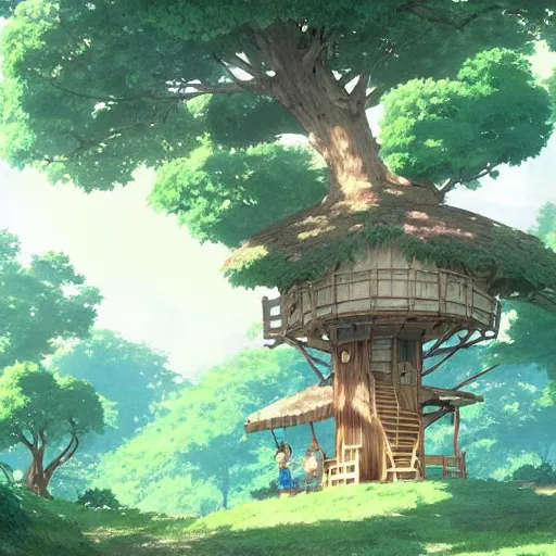 Prompt: The Tree house battle, by Dice Tsutsumi, Makoto Shinkai, Studio Ghibli