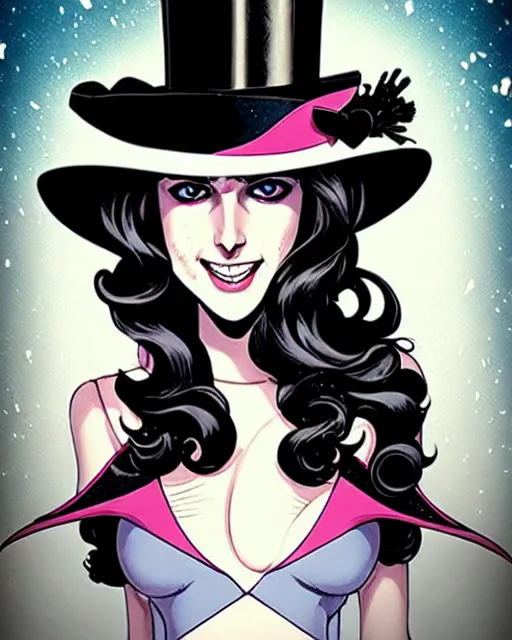 Prompt: beautiful Anna Kendrick Zatanna DC Comics floating on stage, wearing a top hat, symmetrical face symmetrical eyes, smiling, fantasy, intricate details, atmospheric, elegant, concept art, art by eiichiro oda, Joshua Middleton art