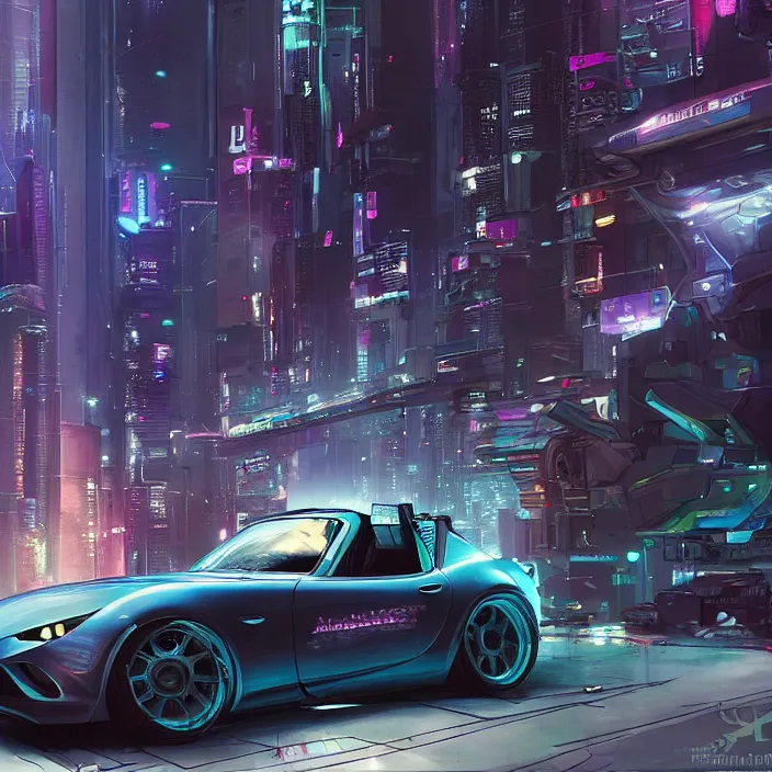 Prompt: a futuristic hovering, cyberpunk mazda miata in cyberpunk city, cyberpunk futuristic digital art concept