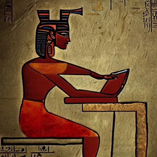 Image similar to Ancient Egypt Art, art of A person using a computer in art style of ancient art, fragmented, a person using a computer!!!!! Ancient Egypt art