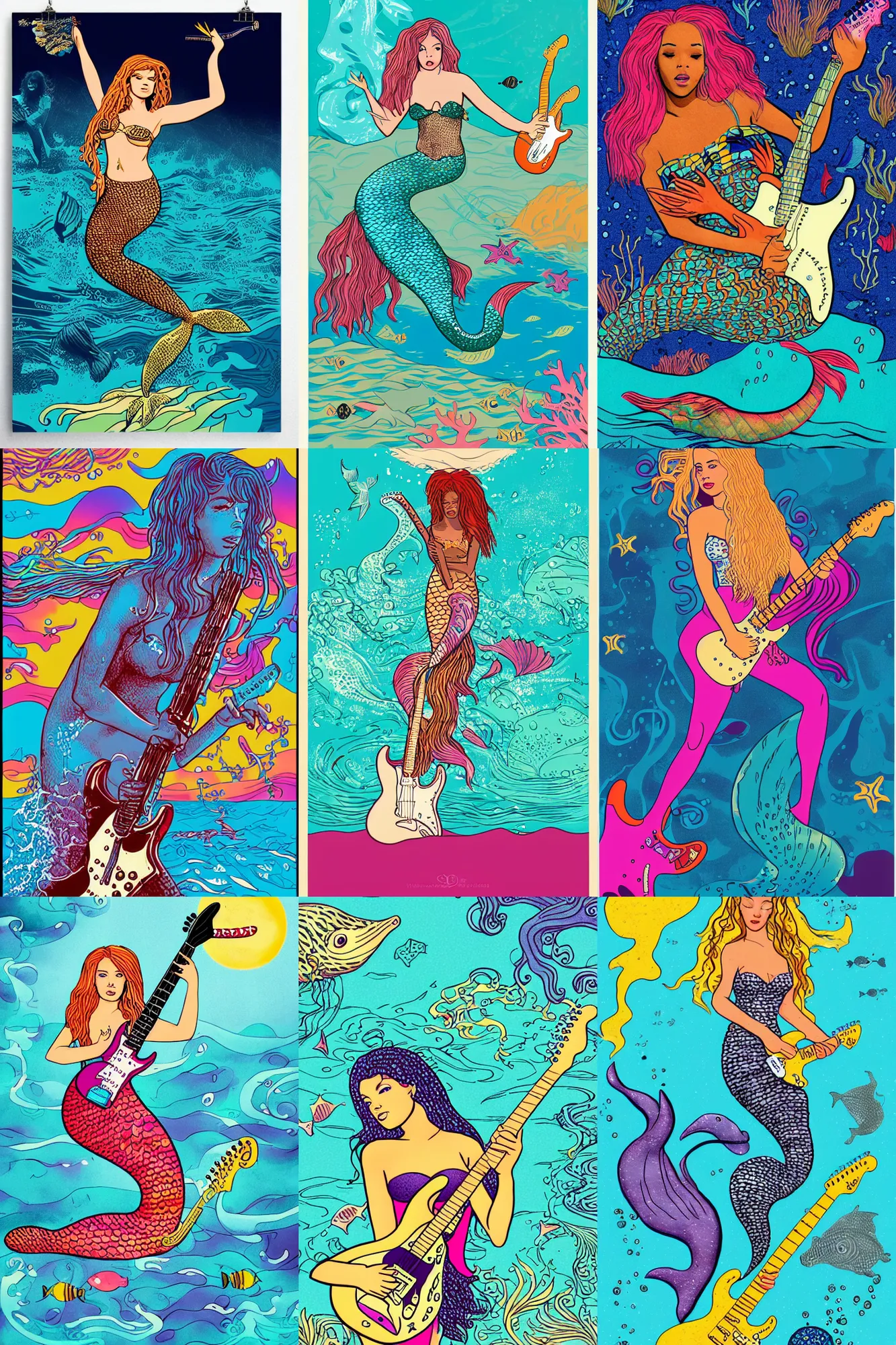 Image similar to illustration of a mermaid playing an stratocaster electric guitar, under the sea, jimi hendrix style poster