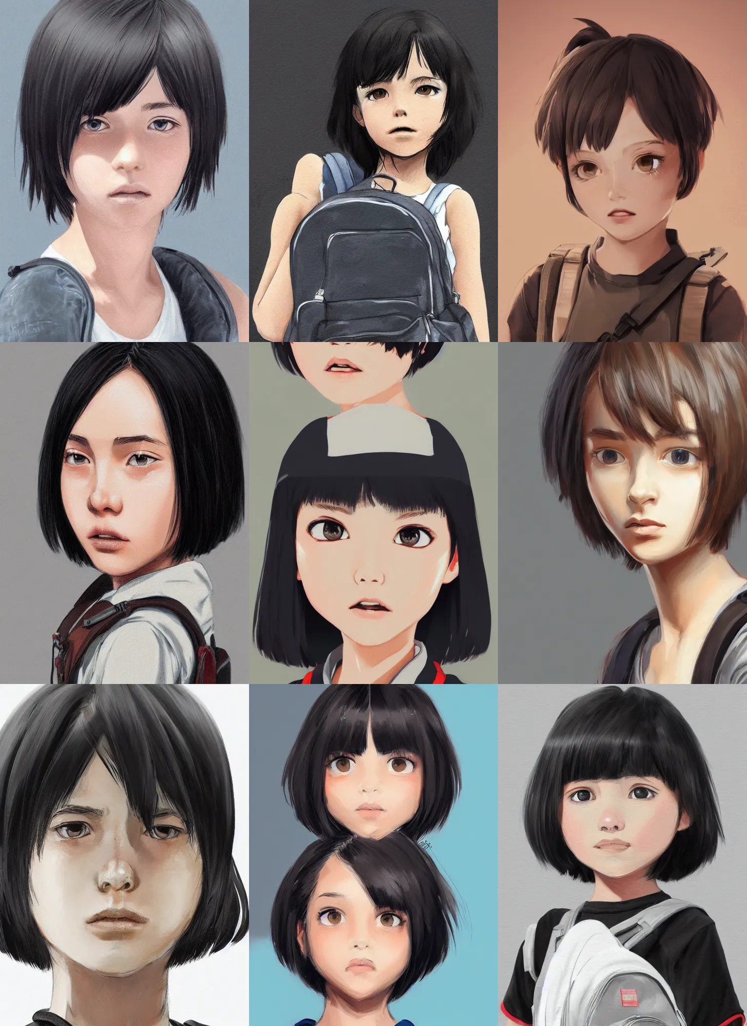 Prompt: Close-up portrait of kind young girl with short black hair in a bob cut, with a backpack, slightly dirty face, portrait, highly detailed, digital painting, artstation, concept art, sharp focus, illustration, art by Kohei Horikoshi