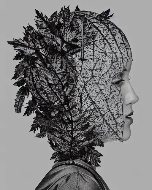 Prompt: a woman's face in profile, wearing a vintage space helmet made of elaborate intricate delicate leaf skeleton, in the style of the dutch masters and gregory crewdson, dark and moody