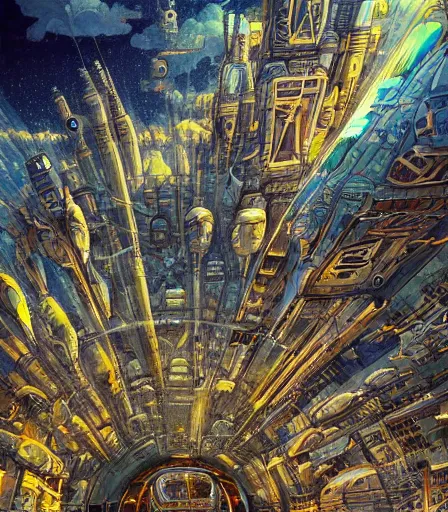 Prompt: hyper detailed comic illustration of a futuristic city, craft flying in the air and a golden hour sky in the background, by Android Jones intricate details, vibrant, solid background