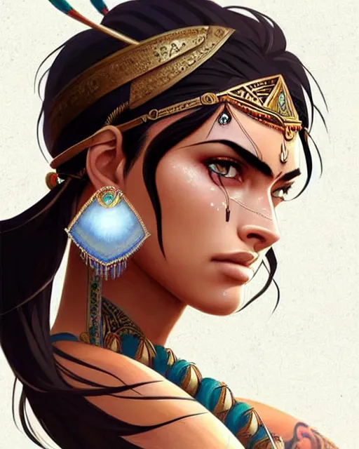 Image similar to indian warrior, megan fox, detailed perfect face, exquisite details, nose ring piercing!!!!, wind magic, mid view, design on a white background, by studio muti, greg rutkowski makoto shinkai takashi takeuchi studio ghibli