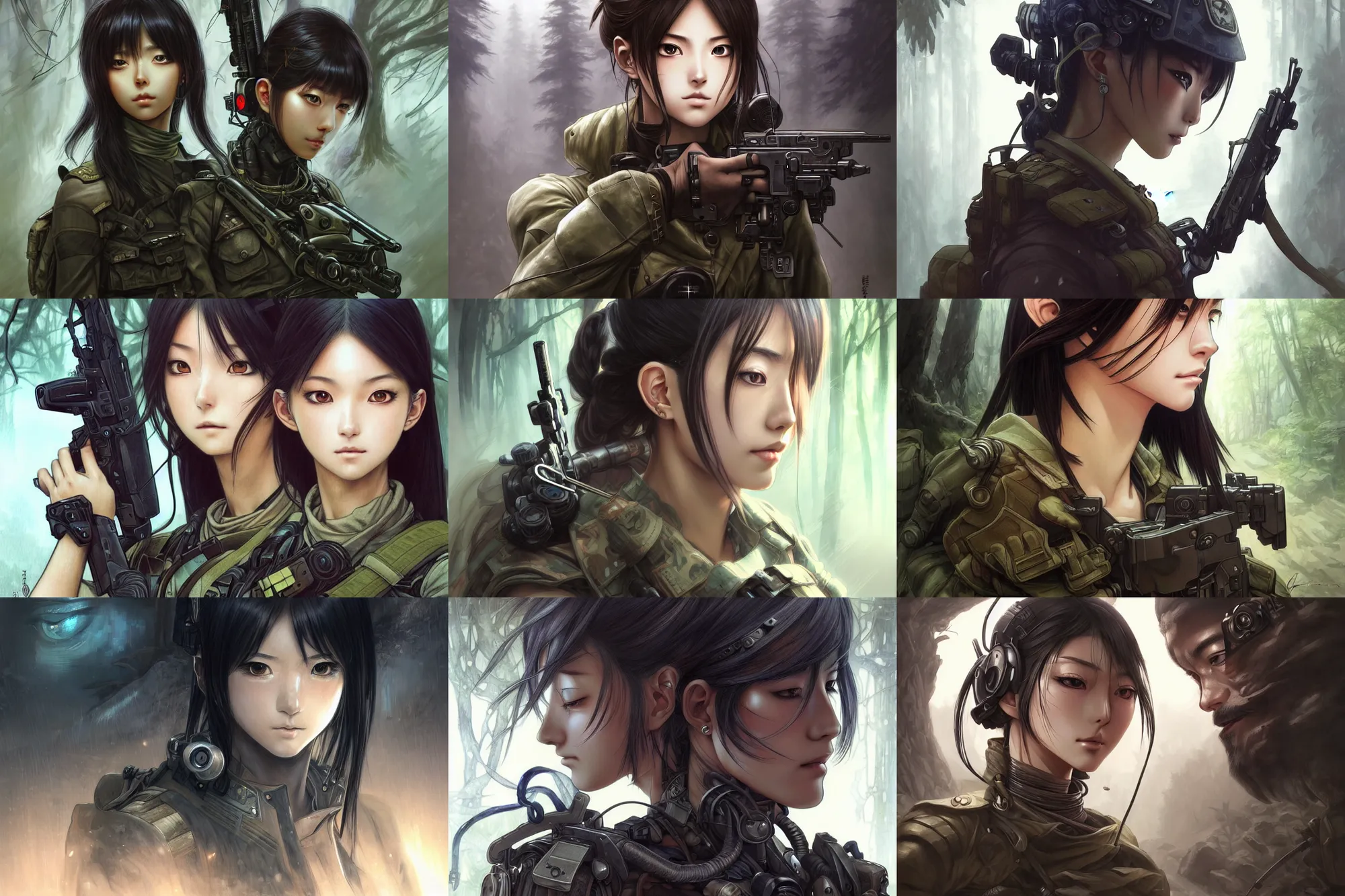 Prompt: ultra realistic manga style illustration, beautiful alluring special forces soldier in a remote ancient village deep in a dark forest, gorgeous face, cyberpunk, sci - fi, fantasy, intricate, elegant, highly detailed, digital painting, artstation, concept art, smooth, sharp focus, illustration, art by artgerm and greg rutkowski and alphonse mucha and lin hsiang